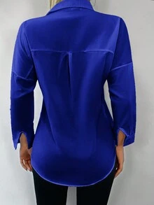 Cottnline Solid Drop Shoulder Button Front Shirt - Royal Blue - View 2