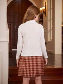 2 piezas Conjunto casual de niña preadolescente con blusa de manga larga con cuello y decoración de corbata de moño a cuadros, y falda mini de pata de gallo, primavera/otoño - Multicolor - Ver 2