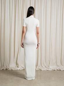 AiiRZ Logo Detailed Stand Collar Short Sleeve Bodycon Maxi Dress - Apricot - View 2