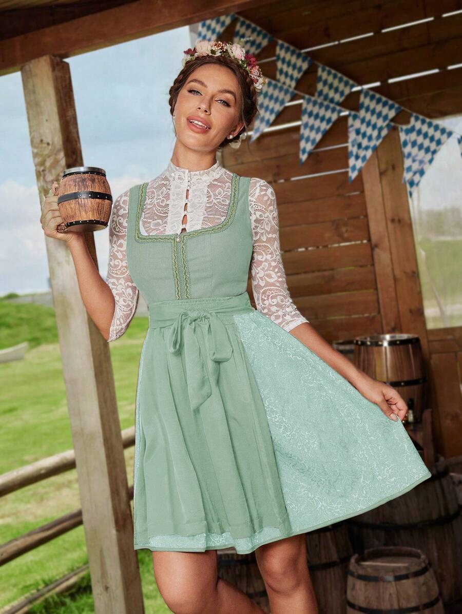 Chiquease Beer Festival Style Patchwork Lace Trim Jacquard A-Line Dress - Green - View 1