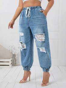 SHEIN Essnce Quần Jeans Ống côn rách rách có túi eo rút cỡ lớn thường ngày - Rửa nhẹ - Xem 1