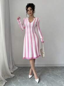 Selianne 女士条纹 V 领长袖休闲毛衣连衣裙，春秋 - 粉色 - 查看 5