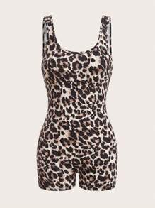 SHEIN EZwear 女士方领和方领短款上衣和全长紧身裤套装，时尚豹纹针织连体裤 - 卡其色 - 查看 6