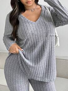 Calvaya Plus Size Casual Textured Stripe V-hals Top En Broek, Dagelijkse Vrijetijdskleding
