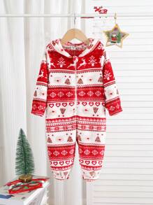 SHEIN Pasgeboren babyjongen/meisje kerstrendier & boompatroon dikke pluche jumpsuit, schattige stijlvolle warme outfit voor casual, vakantie, kerstfeestkleding