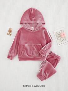 Cozy Pixies 2pcs Baby Girl Korean Style Colorblock Hooded Sweatshirt With Pockets & Drawstring Pants Set - Pink - View 3