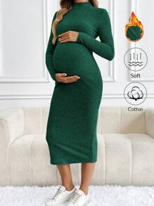 SHEIN Maternity Ribbed Knit Solid Stand Collar Long Sleeve Dress - Dark Green - View 1
