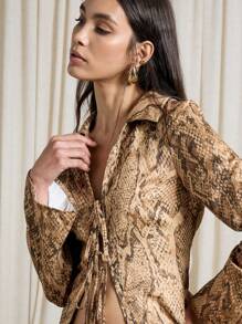 AiiRZ Snake Print Collared Tie Front Long Sleeved Blouse