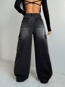 SHEIN EZwear Damskie luźne proste nogawki Baggy Jeans, czarne - Czarne - Zobacz 2