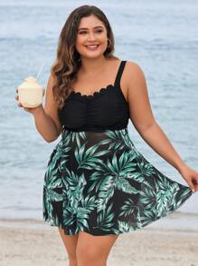 SHEIN VCAY 大码贝壳边细肩带印花开叉泳衣，休闲度假 - 彩色 - 查看 5