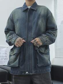Manfinity Roughcore Chaqueta vaquera de manga larga, suelta y casual con bolsillos para hombres, primavera y otoño - Azul - Ver 3