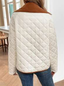 SHEIN LUNE Women's Autumn Winter White And Brown Hooded Padded Coat,Corduroy Collar Button Closure Color Blocking Quilted Diamond Pattern Casual Occasion Jacket - White - View 2