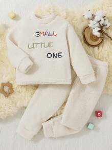 2pcs/Set Young Boys Embroidered Letter Graphic White Double-Sided Fleece Crew Neck Long Sleeve Shirt And Pants Warm Outfit, Suitable For Family Party In Autumn/Winter