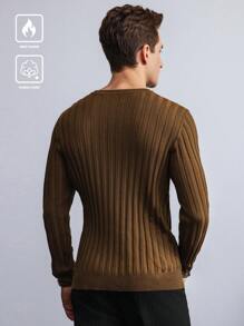 Manfinity Homme Jersey de manga larga con cuello redondo y botones frontales de unicolor para hombre - Café integral - Ver 2