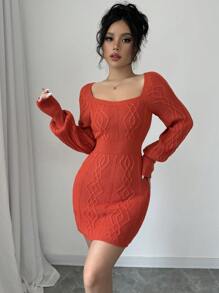 Calvaya Square Neck Solid Color Casual Long Sleeve Sweater Dress