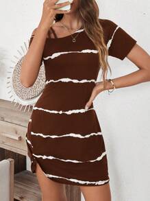 SHEIN LUNE Đầm sọc tay ngắn cổ bẻ bất đối xứng thường ngày cho nữ - màu nâu - Xem 6