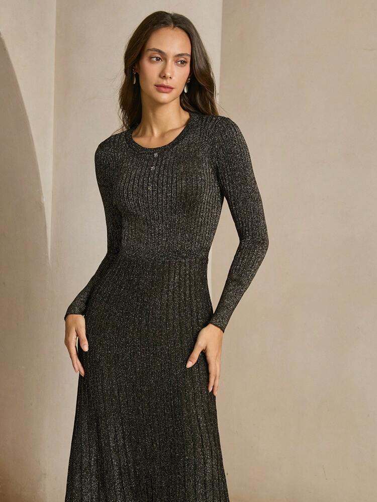 Metallic Thread Knitted Dress With Ribbed Texture And Fishtail Hem