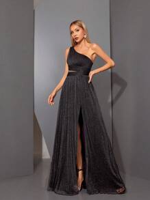 单肩不对称紧身胸衣褶皱腰镂空开衩 A 字形网纱连衣裙优雅伴娘礼服