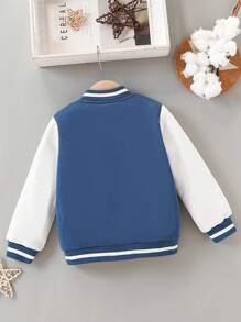 SHEIN 年轻男孩休闲运动拼色针织刺绣补丁棒球夹克，适合秋冬季、户外、学校、经典百搭 - 寶藍色 - 查看 2