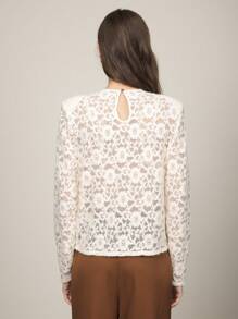 BizChic Blusa elegante para mujer de manga larga, transparente con encaje, adecuada para fiestas de Navidad