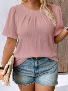 EMERY ROSE Plus Size Women Casual Solid Color Crew Neck Ruched Short Puff Sleeve Blouse - Pink - View 1