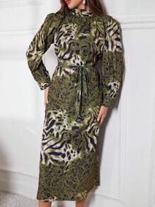 Modelyn 1st Groene Folie Zebra Print Gerimpelde Jurk Met Riem