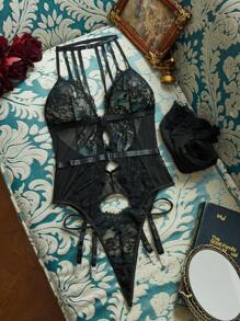 PinupGlam Conjunto sexy de encaje floral con tirantes cruzados, negro, conjunto de lencería cómoda para dormir para mujeres