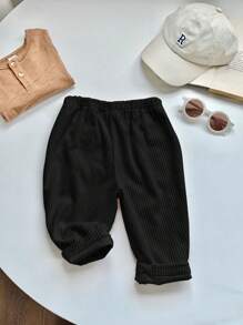 SHEIN Leap Crew Quần vải gân rộng rãi thoải mái cho bé trai và bé gái, phù hợp cho mùa xuân, hè và thu, mặc hàng ngày và đi học - màu đen - Xem 2