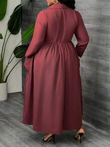 Slaydiva Plus Size Women Elegant Burgundy Long Sleeve Pocket Shirt Dress, Fall - Burgundy - View 4