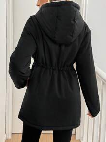 SHEIN Frenchy Women's Solid Color Long Sleeve Drawstring Waist Thermal Lined Hooded Casual Warm Padded Coat, Drawstring Waist Teddy Lined Hooded Clashing Reversible Coat, Winter Women's Black Coat, Zip Up Flannels Warm Women Coat, Winter Coat, Winter Outfits, Winter Women Clothes, Winter Jacket, Parka Coat