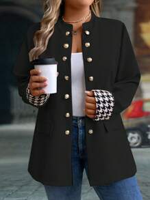 EMERY ROSE Plus Size Houndstooth Patchwork Sleeve Cuff Gold Button Decor Blazer - Black - View 3