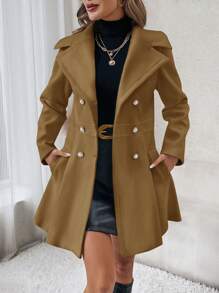 SHEIN Clasi 女式纯色立领长袖口袋收腰修身大衣，秋冬款 - 棕色 - 查看 1