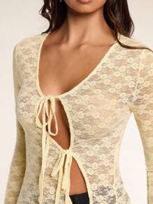 Glamine Lace Tie Bow Long Sleeve Asymmetrical Fall Women Top - Yellow - View 8