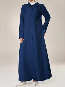 Al Najma 2 件套女士优雅宽松花卉贴花装饰长袖夹克和裤子套装，春秋 2 件套 - 寶藍色 - 查看 7