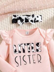 Bộ 3 món/Bộ đồ liền thân dài tay in chữ và hình con bò dễ thương cho bé gái, quần ống loe và băng đô, Xuân Thu - Hồng - Xem 8