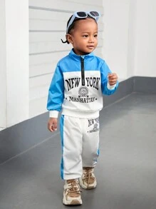 SHEIN Explorewe Baby Boys' Stand Collar Half-Zip Long Sleeve Top And Pants Set - Blue and White - View 6