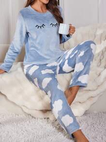 Eyelash Embroidery Flannel Long Sleeve Pajama Set