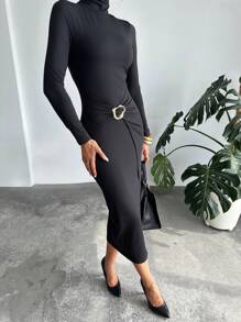 SHEIN Privé Women's Metal Decor Split Wrap High Neck Fitted Elegant Dress - Black - View 7