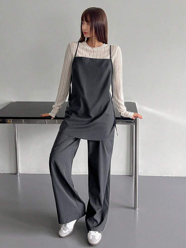 2pcs Solid Color Minimalist Camisole Dress And Straight Leg Pants Women Suit Set,Fall Clothes Business Attire