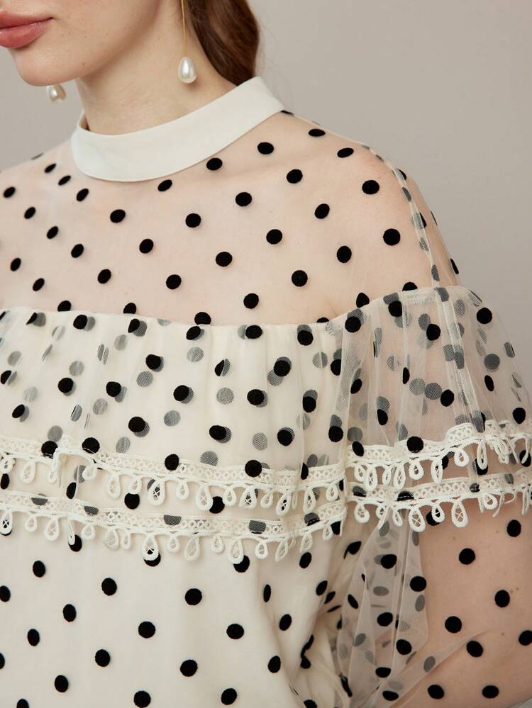 POLKA DOT MESH LACE TRIM FLARE SLEEVE