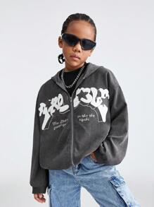 SHEIN Tween Girl 字母印花连帽拉链长袖运动衫（灰色） - 深灰色 - 查看 5