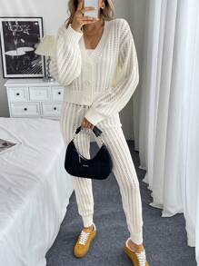 Chiquease 2pcs Set Women Loose Casual Knit Sweater Fall Cloth For Women - White - View 4