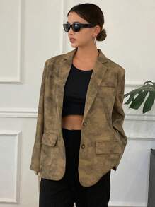 DAZY Blazer holgado de mujer con cuello vuelto y hombros acolchados, de manga larga, con estampado floral teñido anudado