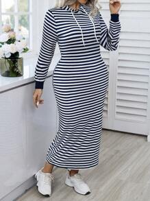 Calvaya Plus Size Women Striped Long Sleeve Hooded Drawstring Casual Sweatshirt Dress For Spring & Autumn Pullover Fall Outfit Winter - Blue - View 5