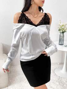Modelyn Women's Elegant Contrast Lace Open Shoulder Long Sleeve Blouse, Spring Summer - Black and White - View 3