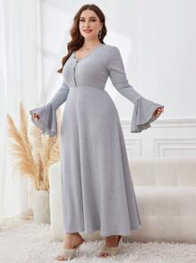 Mulvari Plus Size Women's Solid V-Neck Flare Long Elegant Dress, Spring/Autumn