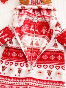 SHEIN Pasgeboren babyjongen/meisje kerstrendier & boompatroon dikke pluche jumpsuit, schattige stijlvolle warme outfit voor casual, vakantie, kerstfeestkleding