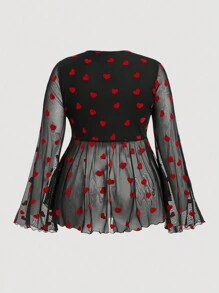 SHEIN MOD Plus Size Christmas Black Cute Flocked Red Heart Ribbed Ruffle Trim Open Front Flare Sleeve Mesh Sheer Blouse - Black - View 2