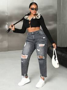SHEIN SXY Plus Size Jeans Ripped Fit Tapered Pants Plus Size Black Jeans Black Jeans Pants Halloween Pants Going Out Bottoms Women Jeans Pants Fall Pants Denim Pants Fall Women Clothes Jeans Cowgirl Jeans