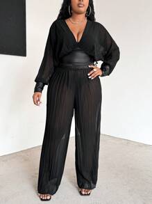 Maweii Plus Size Women PU Patchwork Casual Pleated Batwing Sleeve Top & Wide Leg Pants Set - Black - View 1